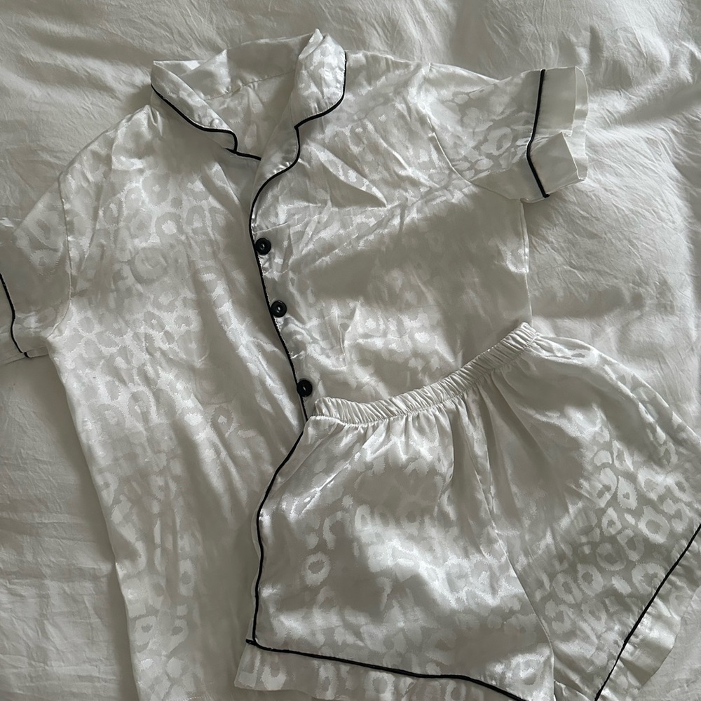 SHEIN White Satin Pajama Set with Black Trim